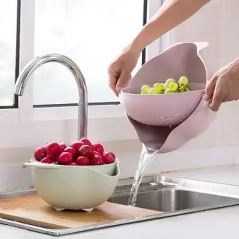 Double Drain Basket 360° Rotation Rice Sieve Fruit Vegetable Storage Baske
