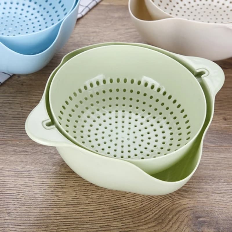 Double Drain Basket 360° Rotation Rice Sieve Fruit Vegetable Storage Baske