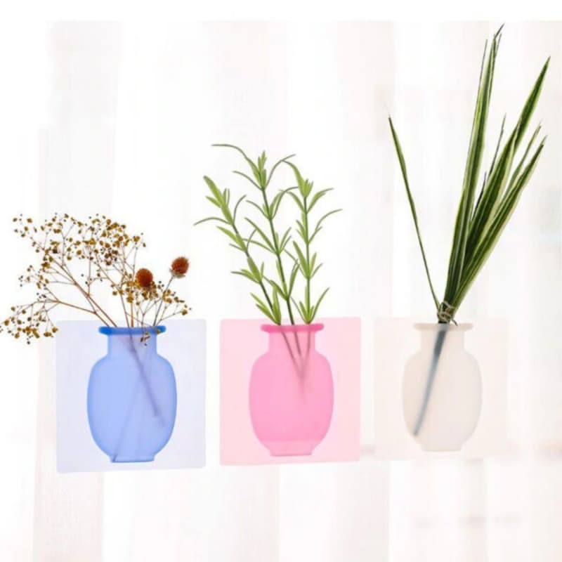 Pack of 3 Unique Magic Rubber Silicone Sticky Flower Wall Hanging Vase Cont