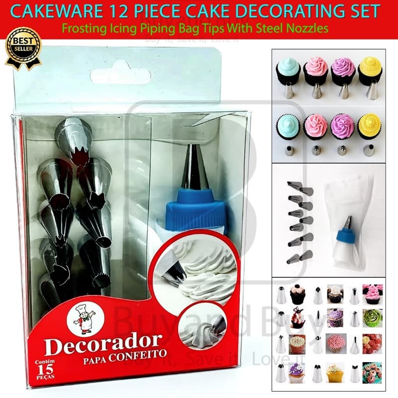 ( 12 Pc ) Cake Decorating Set Frosting Icing Piping Bag Tips with Steel Noz